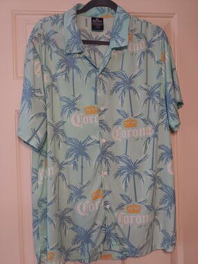 Corona Extra Men's Hawaiian Shirt Large Mint Green Palm Tree Rayon Button Up